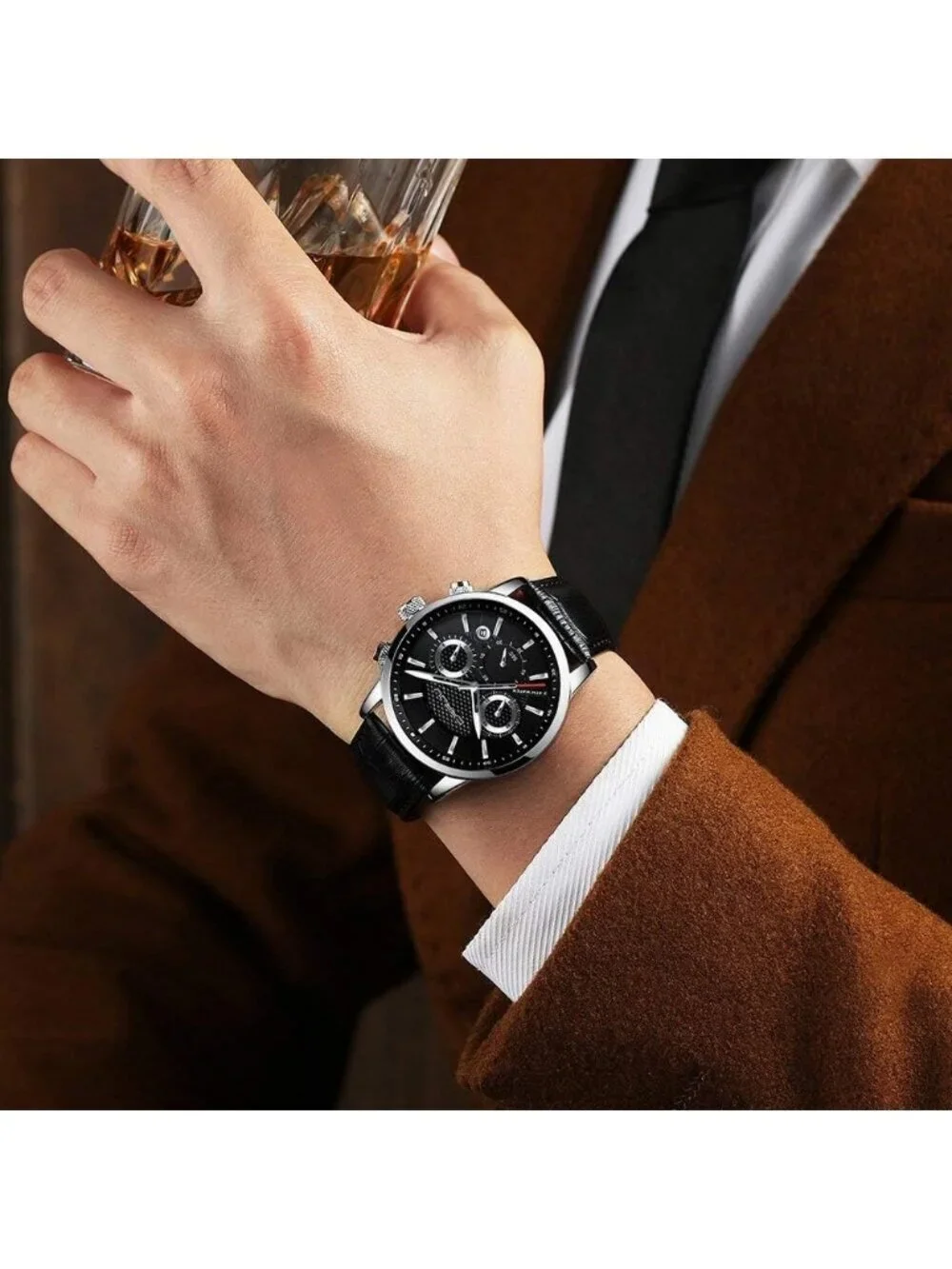 Mens Silver Black Leather Strap Casual Chronograph Quartz Waterproof Wrist Watch